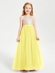 Sequined Top Long Tulle Junior Bridesmaid Gown Lemon