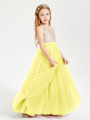 Sequined Top Long Tulle Junior Bridesmaid Gown Lemon