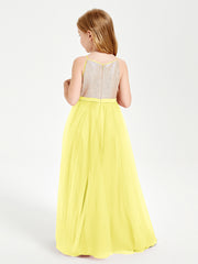 Sequined Top Long Tulle Junior Bridesmaid Gown Lemon