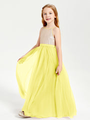 Sequined Top Long Tulle Junior Bridesmaid Gown Lemon