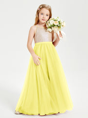 Sequined Top Long Tulle Junior Bridesmaid Gown Lemon