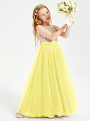 Sequined Top Long Tulle Junior Bridesmaid Gown Lemon