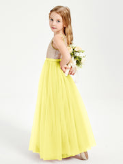 Sequined Top Long Tulle Junior Bridesmaid Gown Lemon