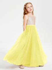 Sequined Top Long Tulle Junior Bridesmaid Gown Lemon
