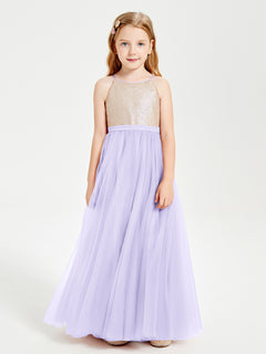 Sequined Top Long Tulle Junior Bridesmaid Gown Lilac