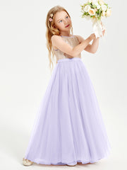 Sequined Top Long Tulle Junior Bridesmaid Gown Lilac