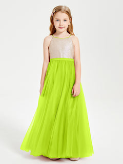 Sequined Top Long Tulle Junior Bridesmaid Gown Lime Green