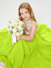 Sequined Top Long Tulle Junior Bridesmaid Gown Lime Green