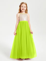 Sequined Top Long Tulle Junior Bridesmaid Gown Lime Green