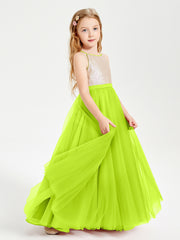 Sequined Top Long Tulle Junior Bridesmaid Gown Lime Green