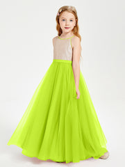 Sequined Top Long Tulle Junior Bridesmaid Gown Lime Green