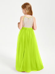 Sequined Top Long Tulle Junior Bridesmaid Gown Lime Green