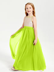 Sequined Top Long Tulle Junior Bridesmaid Gown Lime Green