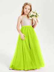 Sequined Top Long Tulle Junior Bridesmaid Gown Lime Green