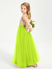 Sequined Top Long Tulle Junior Bridesmaid Gown Lime Green