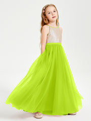 Sequined Top Long Tulle Junior Bridesmaid Gown Lime Green