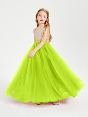 Sequined Top Long Tulle Junior Bridesmaid Gown Lime Green