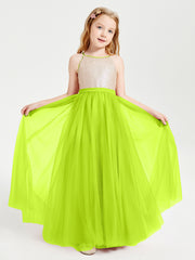 Sequined Top Long Tulle Junior Bridesmaid Gown Lime Green