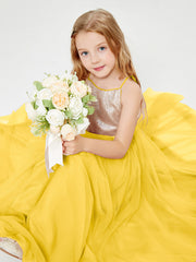 Sequined Top Long Tulle Junior Bridesmaid Gown Marigold