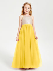 Sequined Top Long Tulle Junior Bridesmaid Gown Marigold