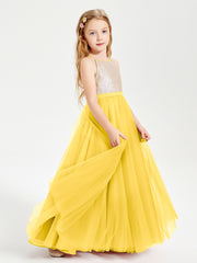 Sequined Top Long Tulle Junior Bridesmaid Gown Marigold
