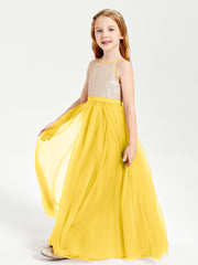 Sequined Top Long Tulle Junior Bridesmaid Gown Marigold