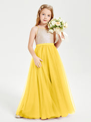 Sequined Top Long Tulle Junior Bridesmaid Gown Marigold