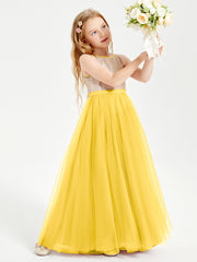 Sequined Top Long Tulle Junior Bridesmaid Gown Marigold