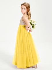 Sequined Top Long Tulle Junior Bridesmaid Gown Marigold