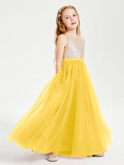 Sequined Top Long Tulle Junior Bridesmaid Gown Marigold