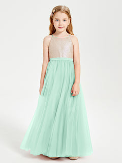 Sequined Top Long Tulle Junior Bridesmaid Gown Mint Green