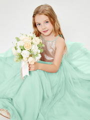 Sequined Top Long Tulle Junior Bridesmaid Gown Mint Green