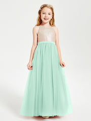 Sequined Top Long Tulle Junior Bridesmaid Gown Mint Green