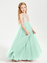 Sequined Top Long Tulle Junior Bridesmaid Gown Mint Green
