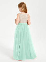 Sequined Top Long Tulle Junior Bridesmaid Gown Mint Green