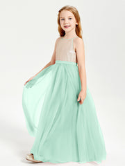 Sequined Top Long Tulle Junior Bridesmaid Gown Mint Green