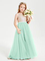 Sequined Top Long Tulle Junior Bridesmaid Gown Mint Green