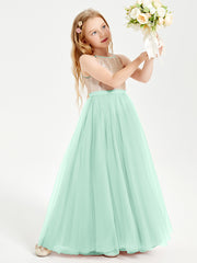Sequined Top Long Tulle Junior Bridesmaid Gown Mint Green