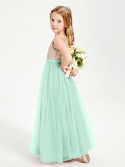 Sequined Top Long Tulle Junior Bridesmaid Gown Mint Green
