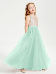 Sequined Top Long Tulle Junior Bridesmaid Gown Mint Green