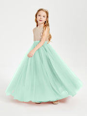 Sequined Top Long Tulle Junior Bridesmaid Gown Mint Green