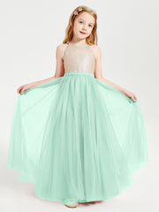 Sequined Top Long Tulle Junior Bridesmaid Gown Mint Green