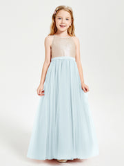 Sequined Top Long Tulle Junior Bridesmaid Gown Mist
