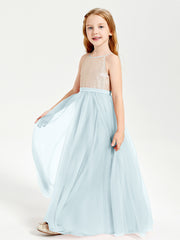 Sequined Top Long Tulle Junior Bridesmaid Gown Mist
