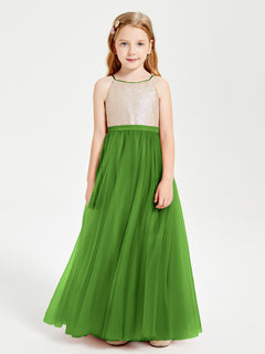 Sequined Top Long Tulle Junior Bridesmaid Gown Moss