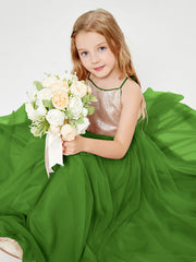 Sequined Top Long Tulle Junior Bridesmaid Gown Moss