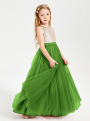 Sequined Top Long Tulle Junior Bridesmaid Gown Moss