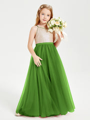 Sequined Top Long Tulle Junior Bridesmaid Gown Moss