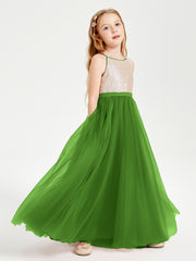 Sequined Top Long Tulle Junior Bridesmaid Gown Moss