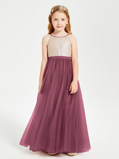 Sequined Top Long Tulle Junior Bridesmaid Gown Mulberry